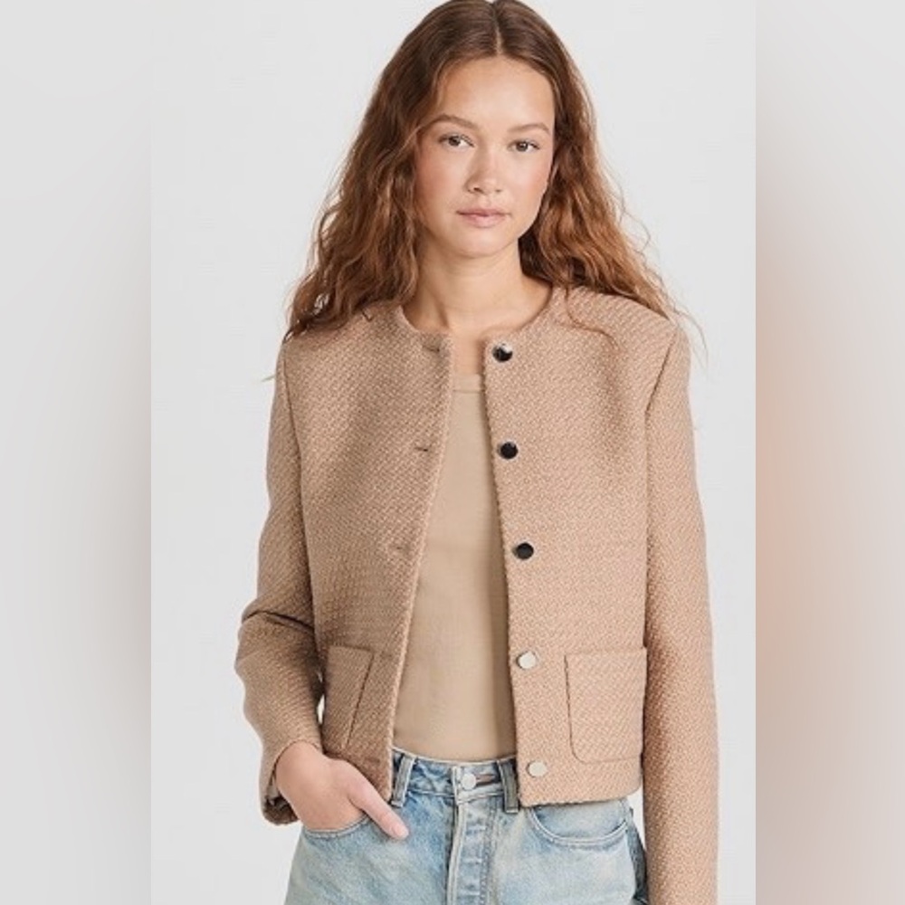 Theory Camel Bouclé Collarless Cropped Holiday Tweed Jacket. size 6